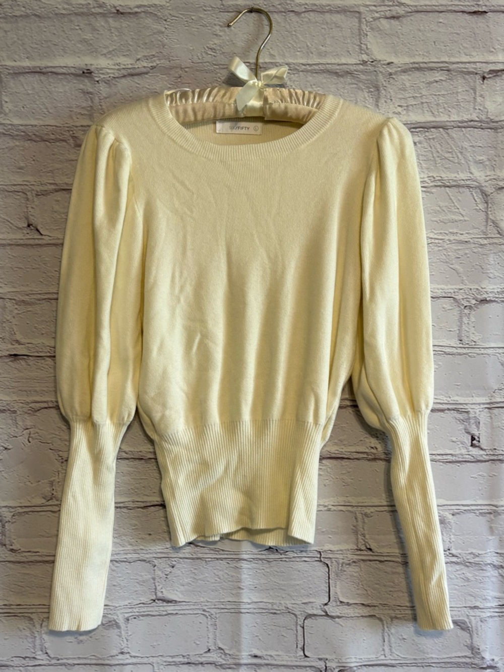 Six/Fifty Ivory Puff-Sleeve Knit Sweater